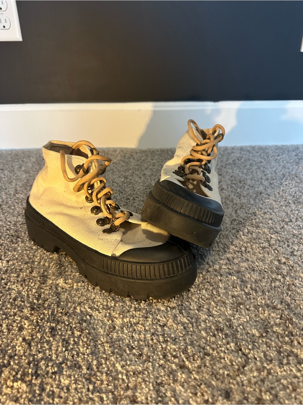 Beige Canvas Lace-Up Platform Boots with Black Sole